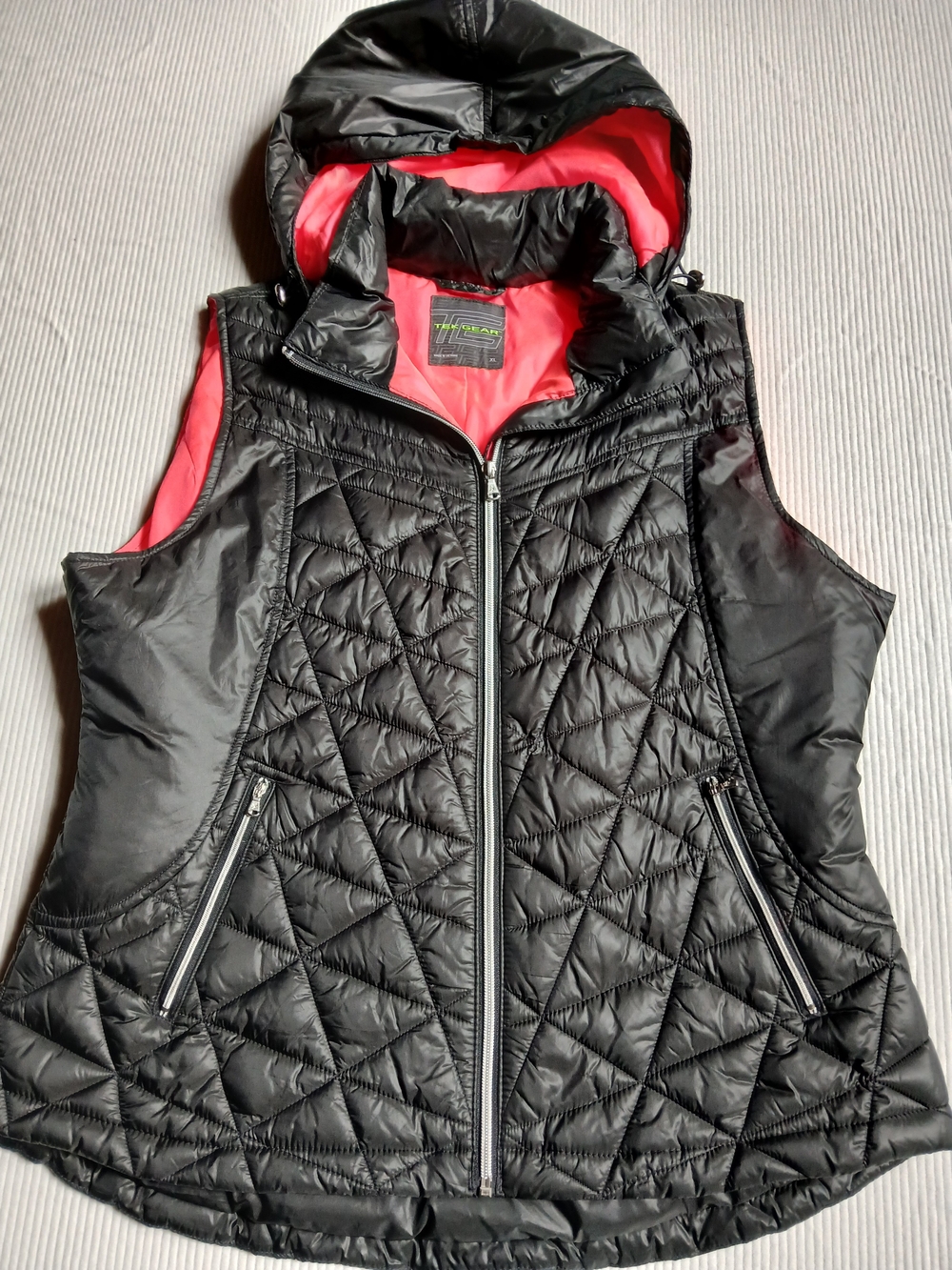 Tek Gear Reversible Puffer Vest Black Pink Diamond Quilted Hooded‎ Women's XL